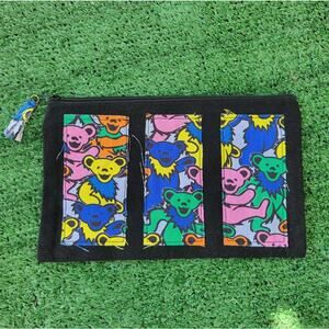 Handmade Black Zippered Patchwork Pouch - Owsley Bears / Grateful Dead